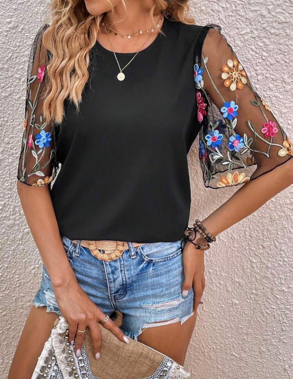 Floral Embroidery Mesh Sleeve Blouse