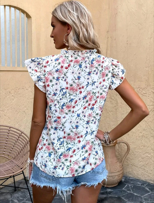 Floral Print Frill Notched Neck Blouse