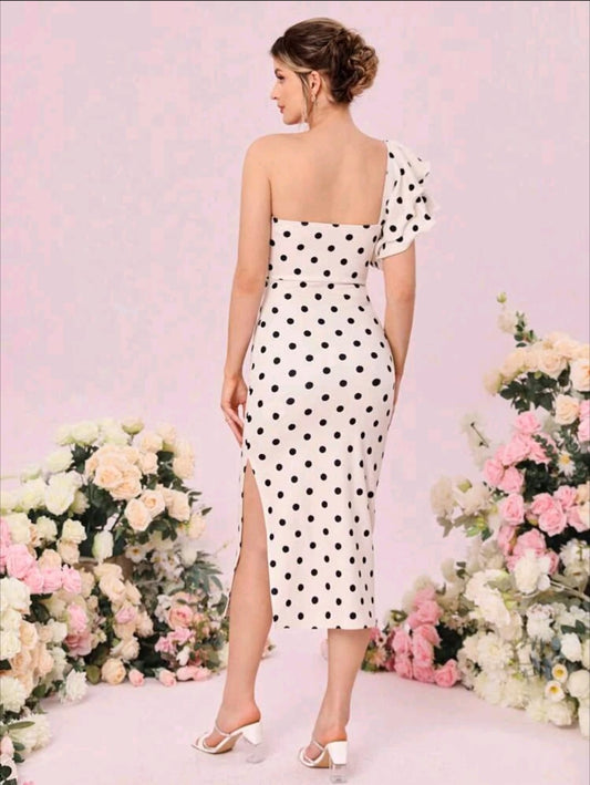 Polka Dot One Shoulder Cut Out Dress