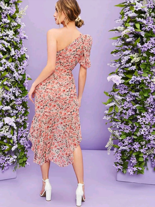 Ruched Ruffle Hem Floral Dress