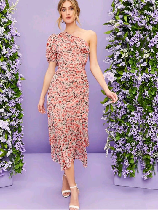 Ruched Ruffle Hem Floral Dress