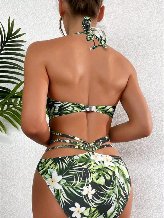 Tropical Print Halter One Piece Swimsuit