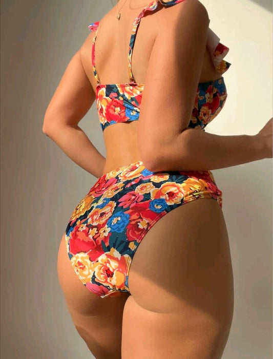Floral Print Bikini Push Up Top & High Waisted Bottom 2 Piece Bathing Suit