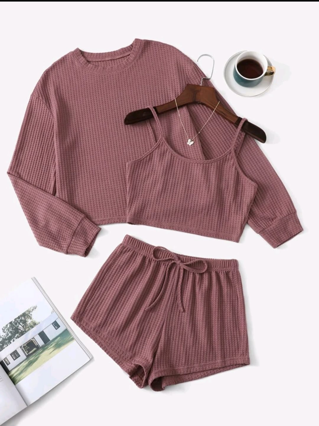 Solid Rib-knit Top & Knot Detail Shorts & Drop Shoulder Tee