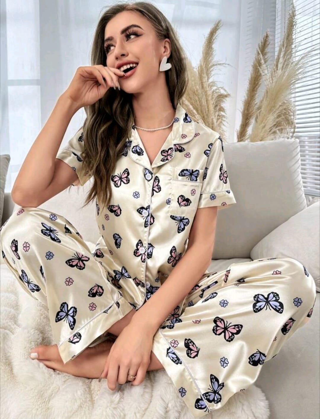Butterfly Print Contrast Piping Satin PJ Set
