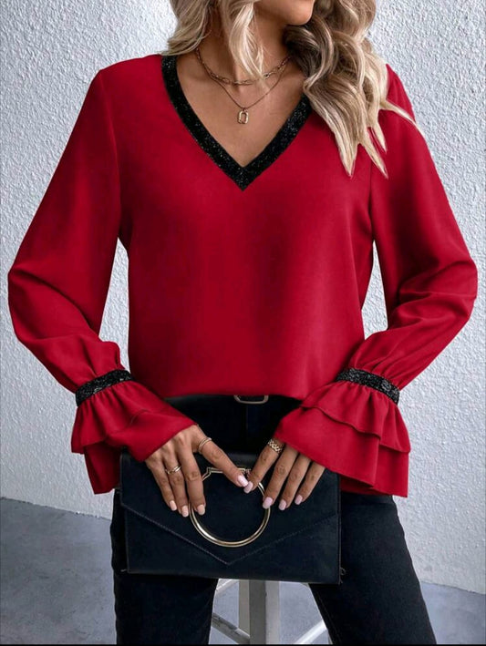 Contrast Tape Flare Sleeve Blouse