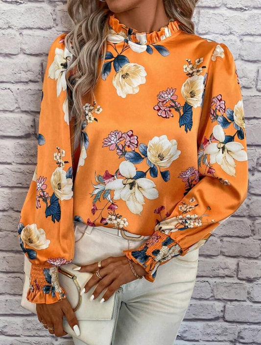Floral Print Frill Trim Flare Sleeve Blouse
