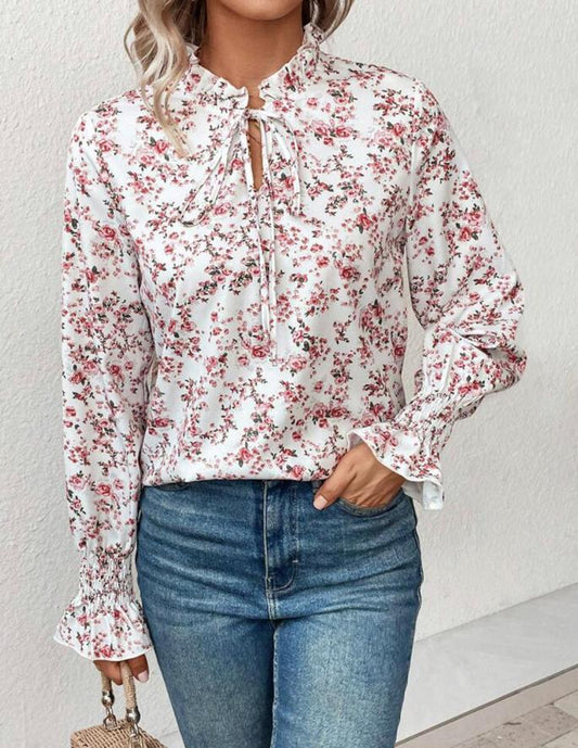 Floral Print Tie Neck Flare Sleeve Frill Trim Blouse