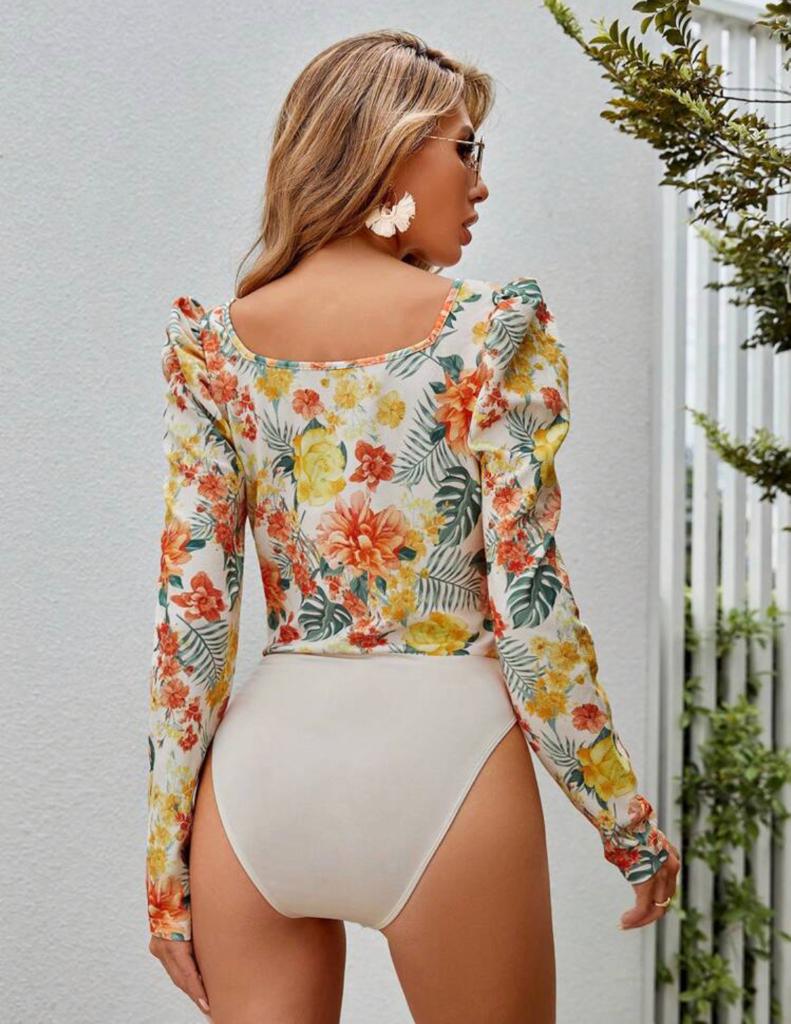 Floral Print Square Neck Puff Sleeve Bodysuit