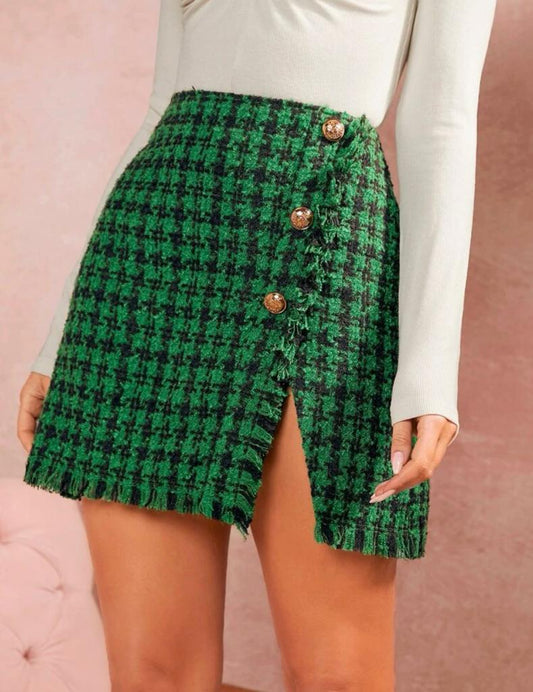 Plaid Raw Trim Button Front Tweed Skirt