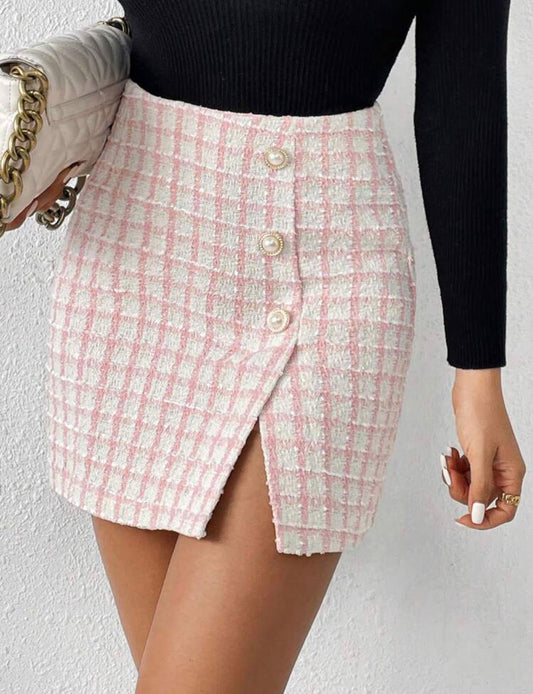 Plaid Pattern Button Detail Tweed Skirt