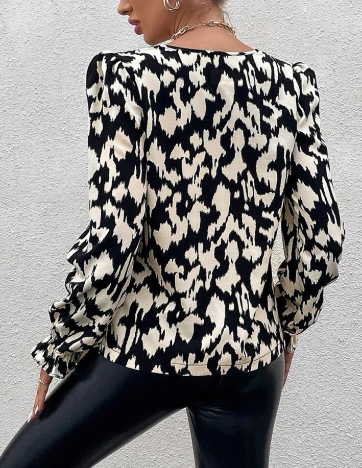 All Over Print Notched Neck Flare Sleeve Blouse