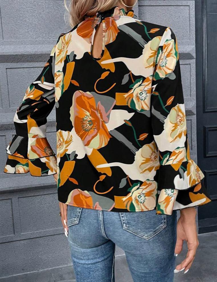 Floral Print Flare Sleeve Frill Neck Blouse