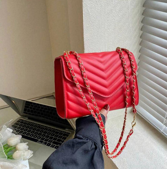 Mini Neon-red Flap Square Bag Funky Chevron Embossed Chain PU