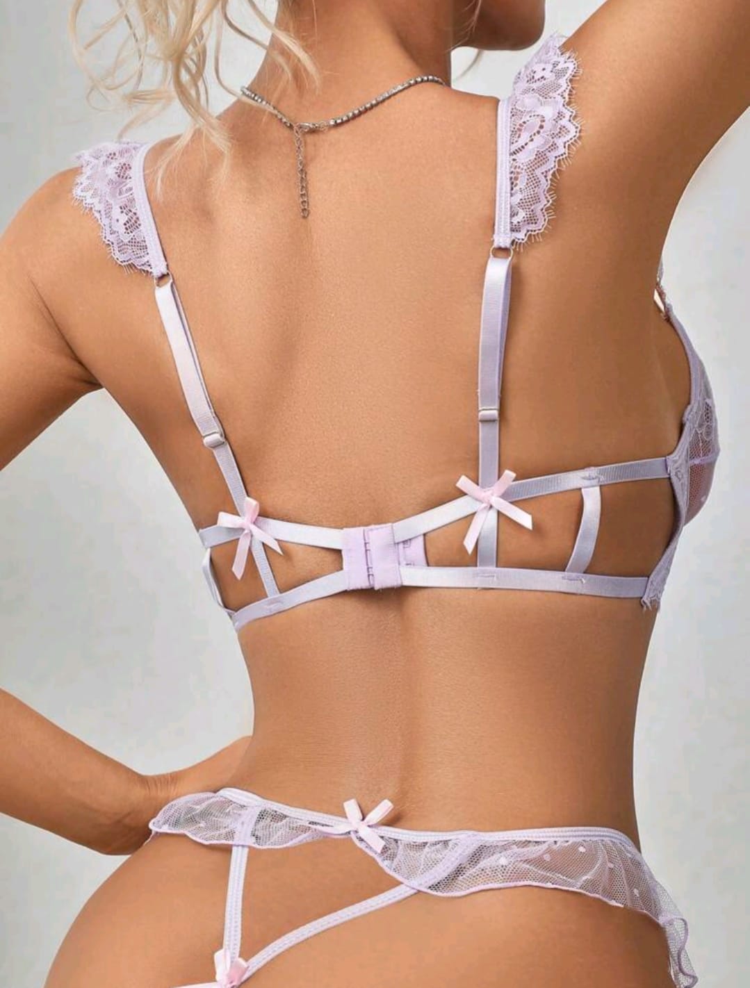 Pure Desire Lace Ruffle Edge Bralette And Thong Set With Bowknot Decor
