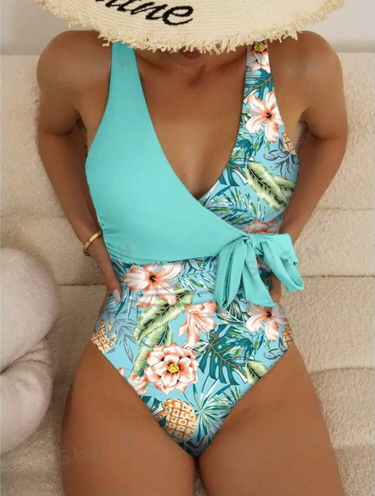 Tropical Print Knot Side One Piece Swimsuit