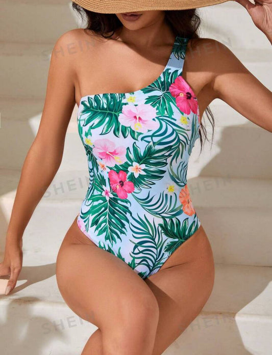Tropical Print One Shoulder One Piece Swimsuit