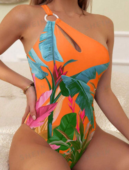 Tropical Print Ring Linked One Shoulder One Piece