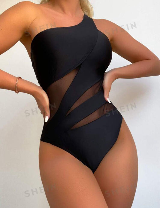 Contrast Mesh One Shoulder One Piece Swimsuit