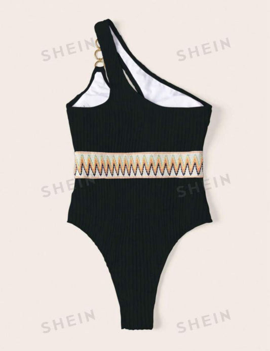 Chevron Tape Ring Linked One Shoulder Swimsuit
