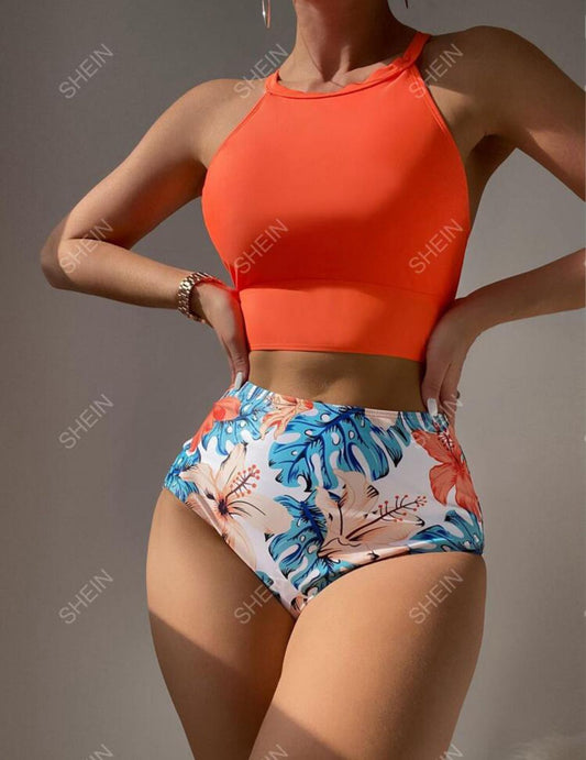 Tropical Print High Waist 2 Piece Swimwear