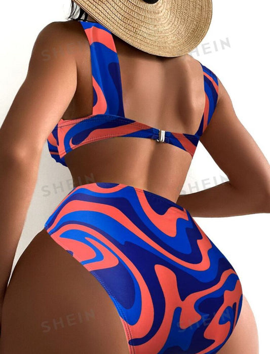 Colorful Wave Print Crisscross High Waisted 2 Piece Bathing Suit