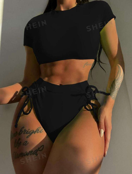 Short Sleeve Lace Up Back Tee 2 Piece Bathing Suit
