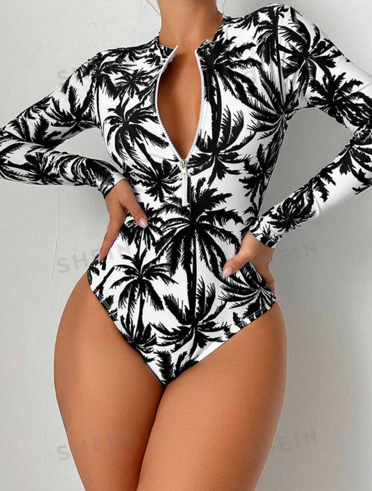 Palm Tree Print Zip Up One Piece Swimsuit