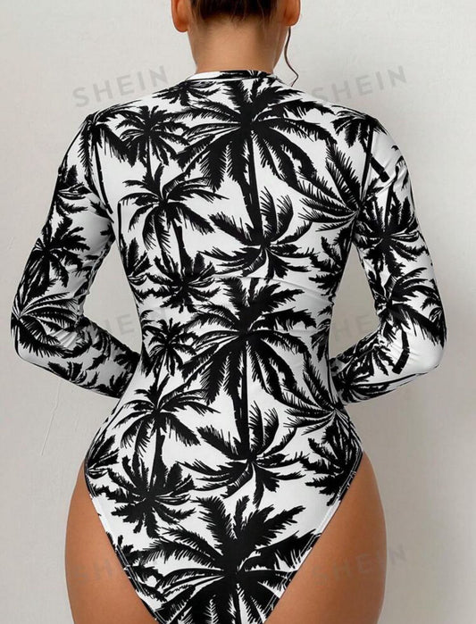 Palm Tree Print Zip Up One Piece Swimsuit