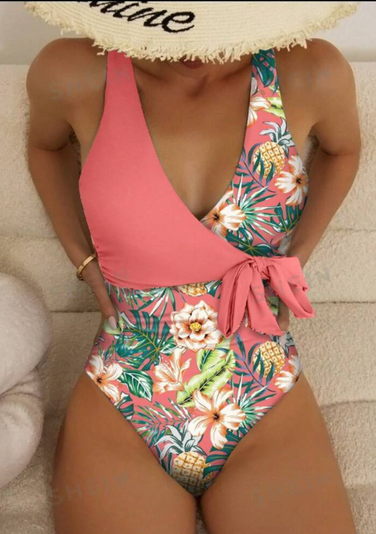Tropical Print Wrap Front One-Piece Swimsuit