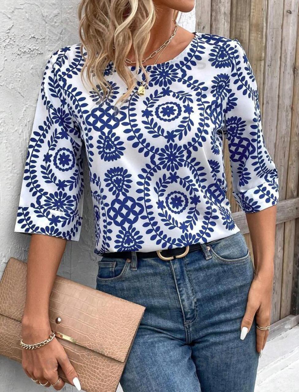 Printed Round Neck Three Quarter Sleeve Blouse