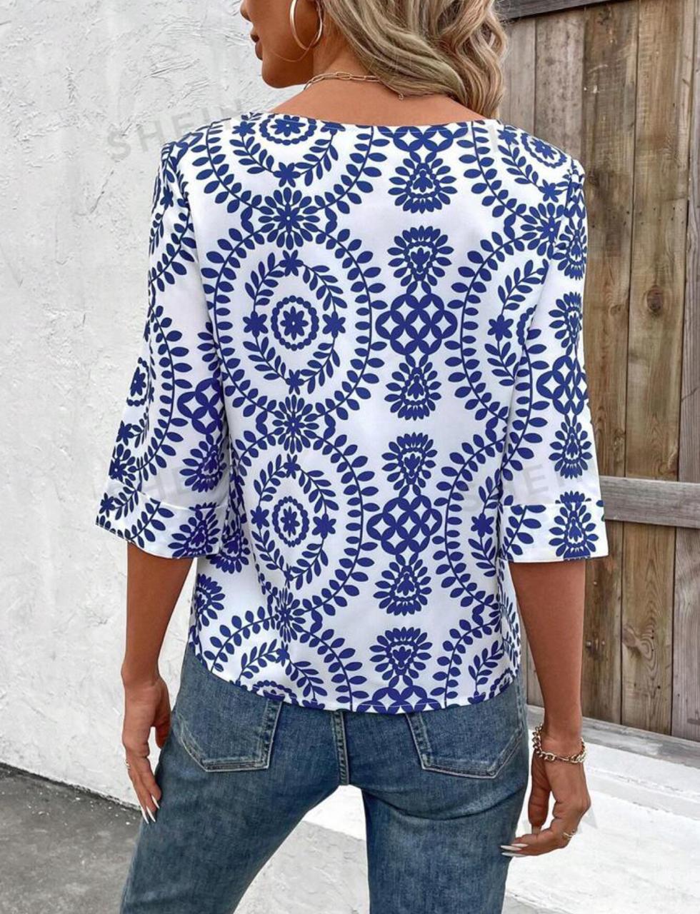 Printed Round Neck Three Quarter Sleeve Blouse