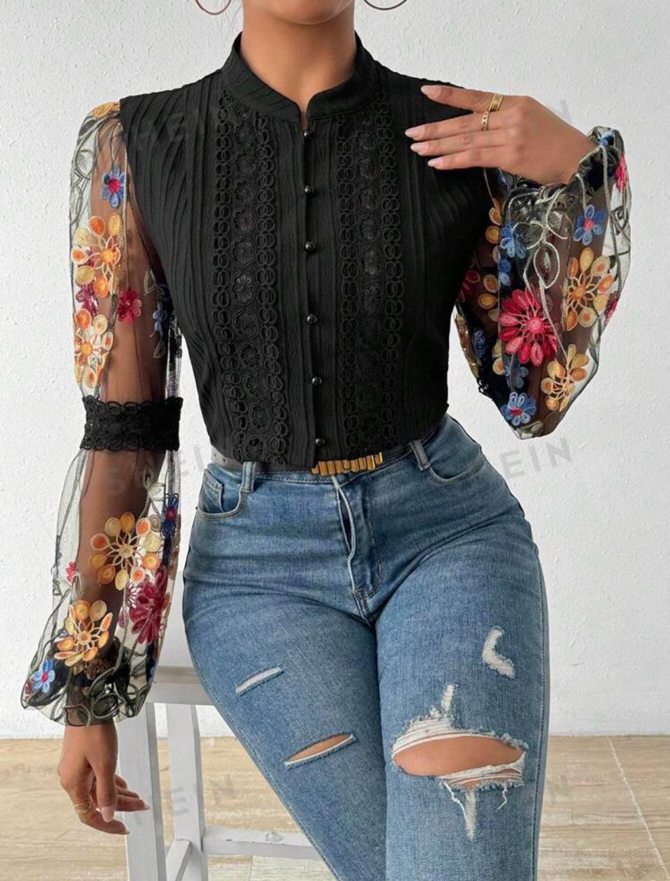 Flower Embroidery Button-front Shirt