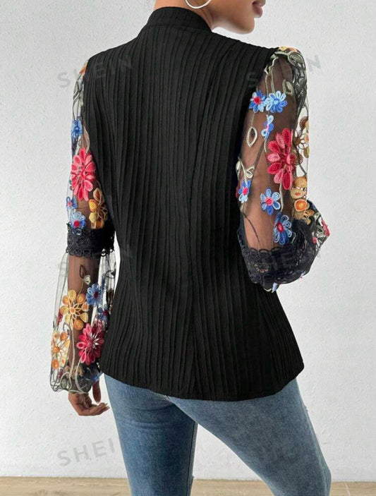 Flower Embroidery Button-front Shirt