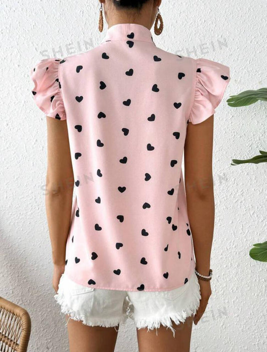 Frenchy Heart Print Tie Front Shirt