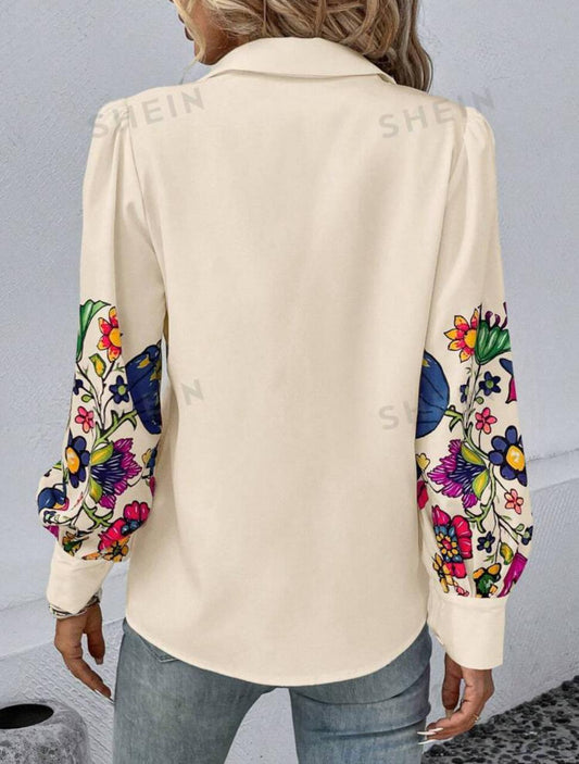 Floral Print Lantern Sleeve Casual Shirt