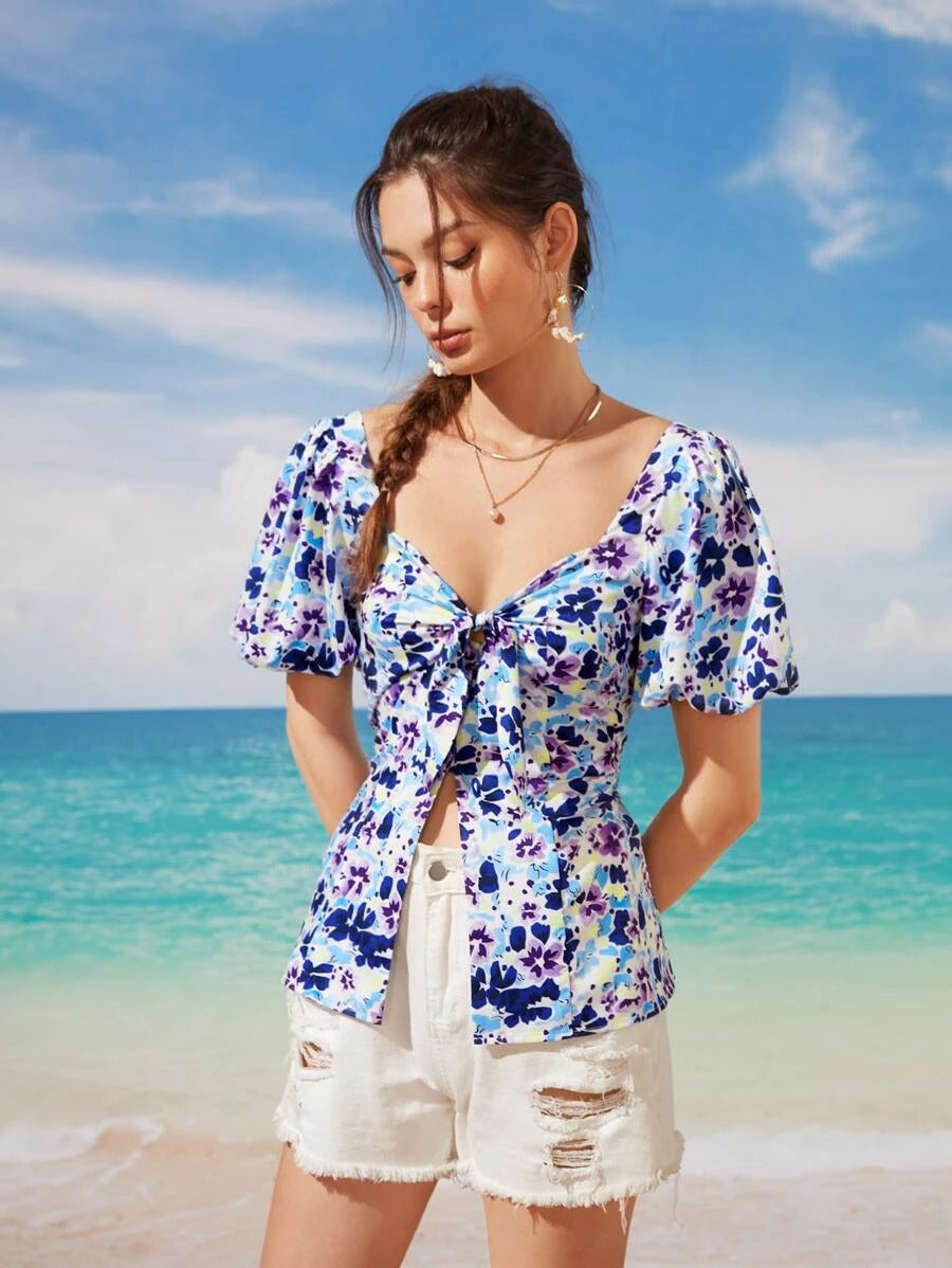 Floral Tie Front Sweetheart Neck Blouse