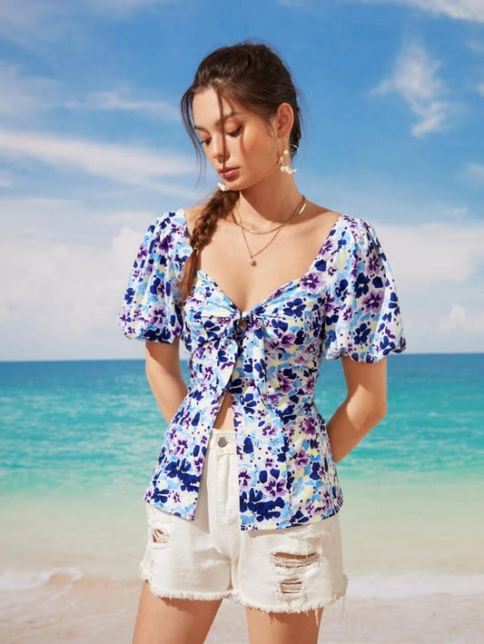 Floral Tie Front Sweetheart Neck Blouse