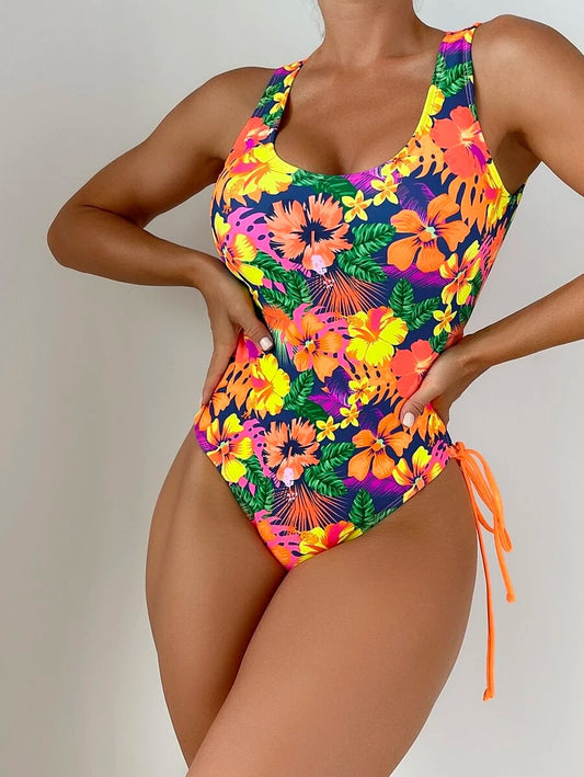 Tropical Print Lace Up One Piece Swimsuit