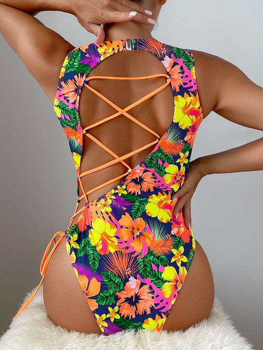 Tropical Print Lace Up One Piece Swimsuit