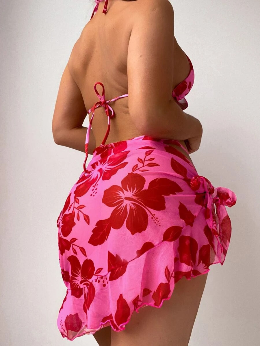 3pack Floral Print Halter Bikini Swimsuit & Beach Skirt