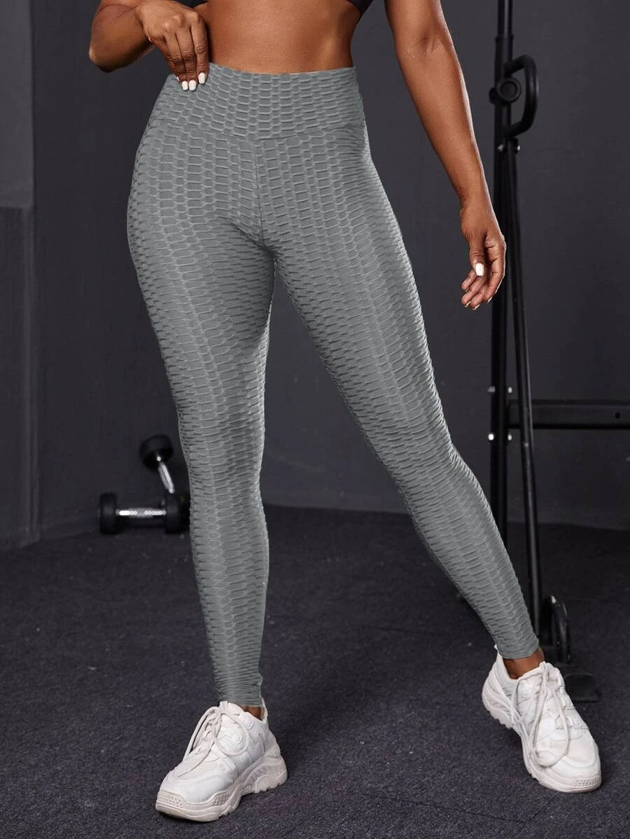 Grey Solid Honeycomb Textured Sports Leggings
