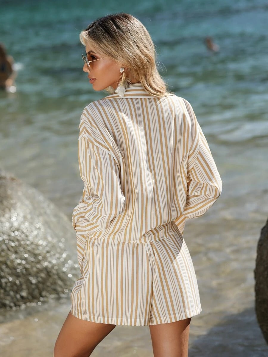 Striped Print Cami Top & Drop Shoulder Coat & Shorts NO BELT