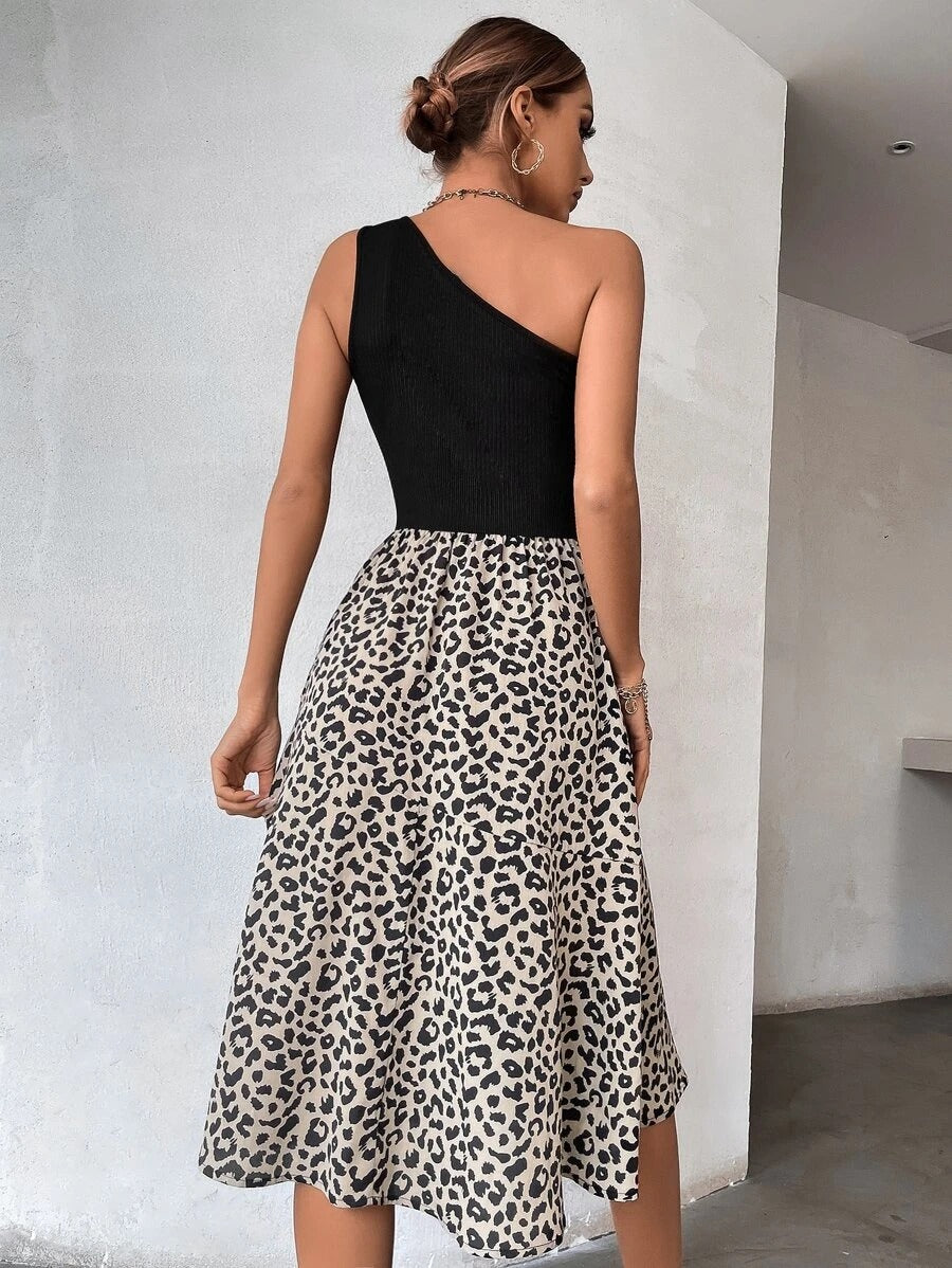 Contrast Leopard One Shoulder Cut Out Dress
