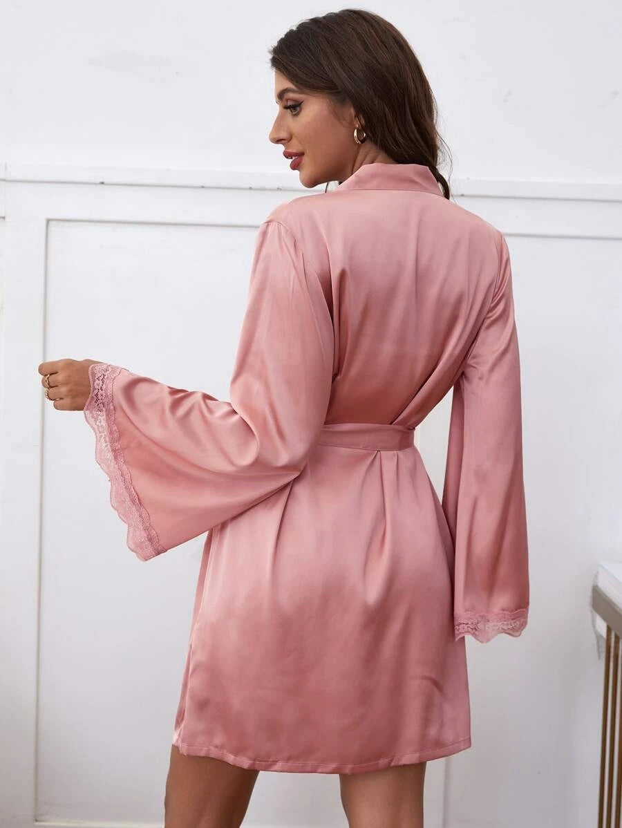 Lace Trim Belted Satin Robe & Cami Dress PJ Set
