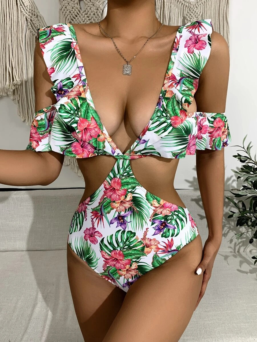Floral & Tropical Ruffle Cut-out One Piece Swimsuit