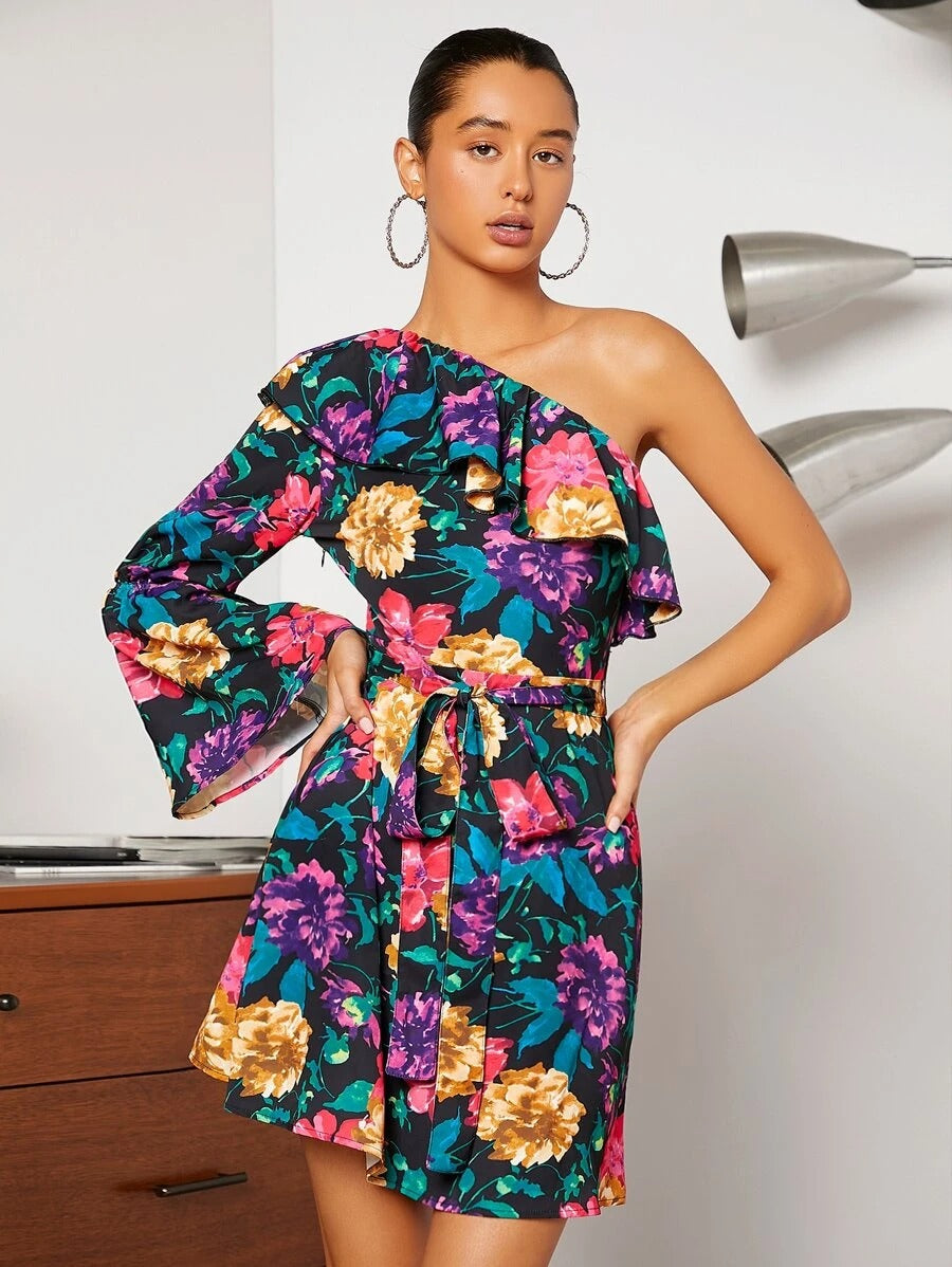 Floral Print One Shoulder Belted Dress