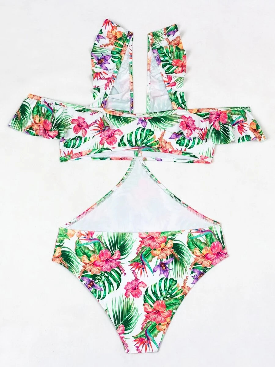 Floral & Tropical Ruffle Cut-out One Piece Swimsuit