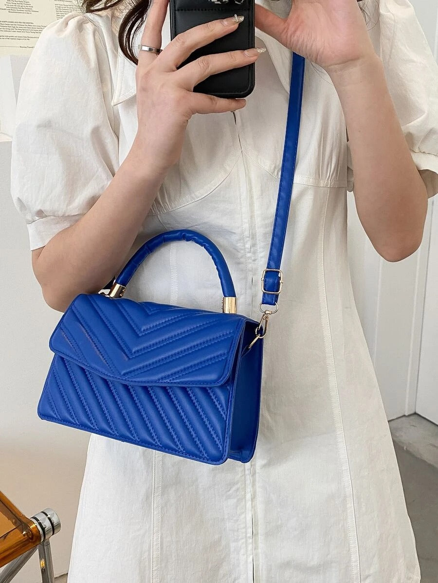 Blue Quilted Pattern Flap Square Bag