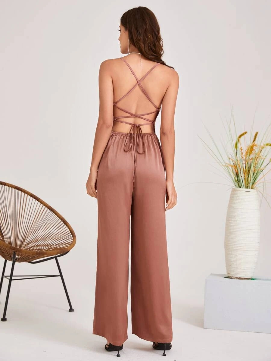 Lace Up Backless Solid Slip Jumpsuit